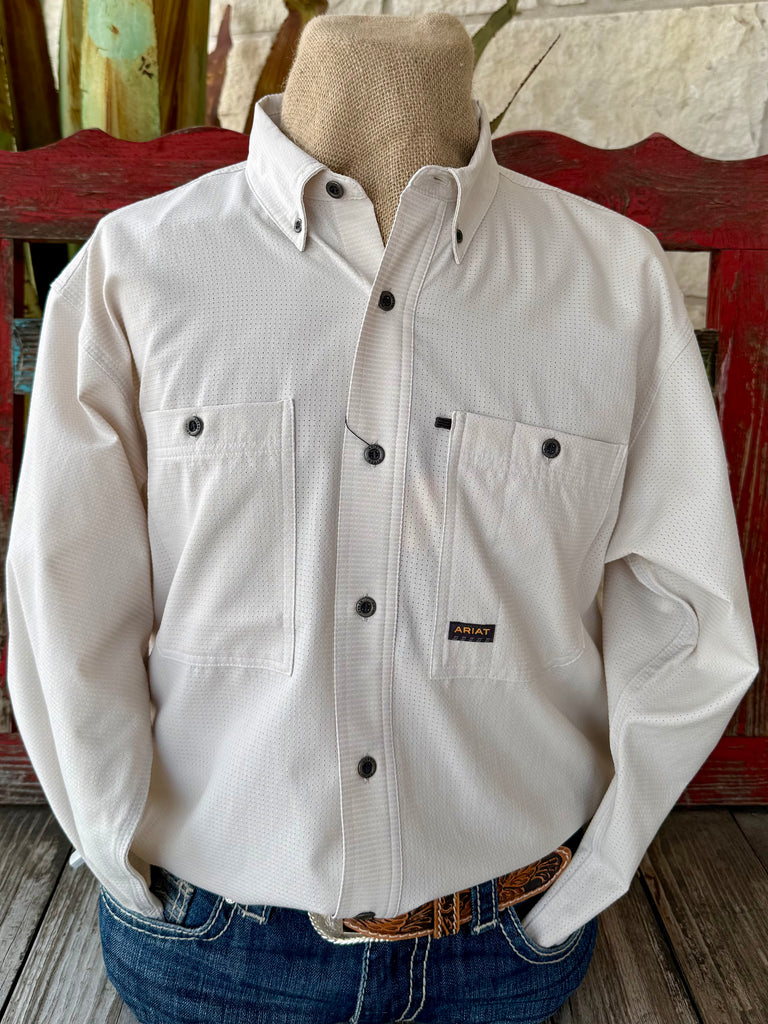 Men’s Ariat long sleeve button-down solid shirt in stone, breathable perforated fabric for airflow, with moisture-wicking comfort and dual chest pockets - 10071371. Available at Blair's Western Wear, Marble Falls, TX.