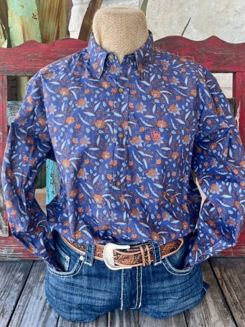 Men's Ariat Long Sleeve in Navy, and Orange. Crafted from 100% Cotton for breathability and comfort with Single Chest Pocket for practicality and style - 10052615. Available at Blair's Western Wear, Marble Falls, TX.