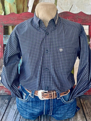 Men's Ariat Long Sleeve in Black, White, and Tan, crafted from 42% Cotton, 58% Polyester for breathability and comfort with Single Chest Pocket for practicality and style - 10054058. Available at Blair's Western Wear, Marble Falls, TX.