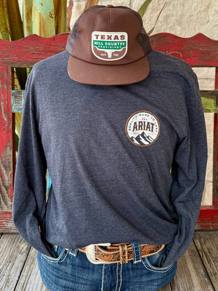 Men’s Ariat long sleeve logo mountain tee in charcoal/natural, featuring soft lightweight fabric, with bold front and back Ariat mountain graphics – 10065903. Available at Blair's Western Wear, Marble Falls, TX.