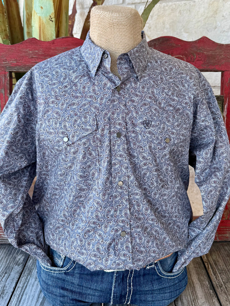 Men’s Ariat long sleeve snap paisley shirt in gray and wine, made from soft breathable cotton, with secure snap pockets and Ariat logo embroidery - 10065971. Available at Blair's Western Wear, Marble Falls, TX.