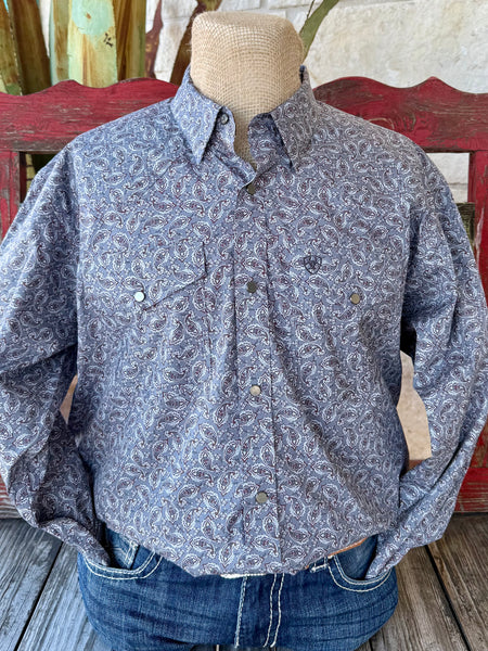 Men’s Ariat long sleeve snap paisley shirt in gray and wine, made from soft breathable cotton, with secure snap pockets and Ariat logo embroidery - 10065971. Available at Blair's Western Wear, Marble Falls, TX.