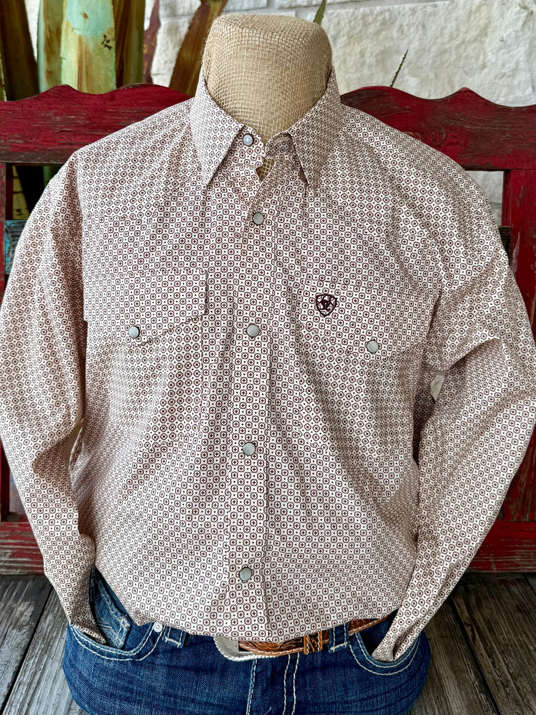 Men’s Ariat Long Sleeve Snap Print Shirt in Off White, with lightweight cotton fabric for all-day comfort, and snap-front closure for easy wear - 10062353. Available at Blair's Western Wear, Marble Falls, TX.