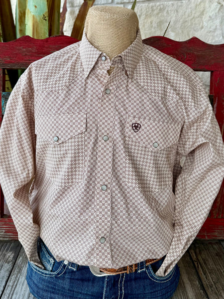 Men’s Ariat Long Sleeve Snap Print Shirt in Off White, with lightweight cotton fabric for all-day comfort, and snap-front closure for easy wear - 10062353. Available at Blair's Western Wear, Marble Falls, TX.