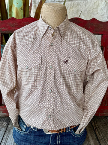 Men’s Ariat Long Sleeve Snap Print Shirt in Off White, with lightweight cotton fabric for all-day comfort, and snap-front closure for easy wear - 10062353. Available at Blair's Western Wear, Marble Falls, TX.