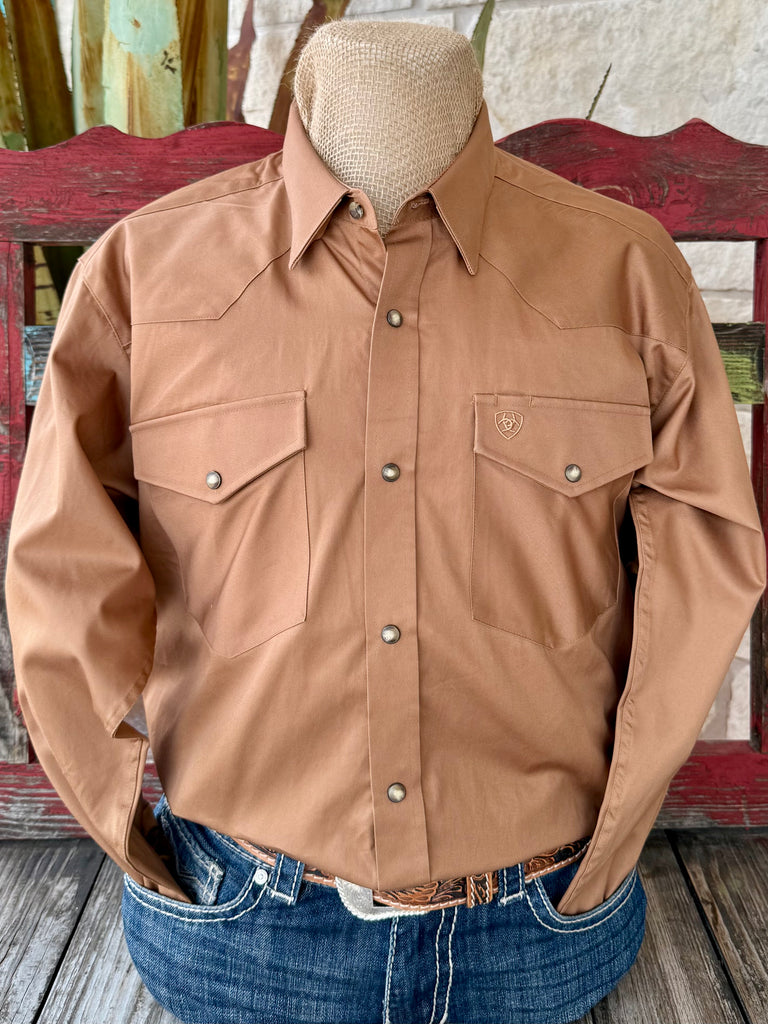 Men’s Ariat western long sleeve solid snap shirt in tan, crafted from durable cotton twill, with dual chest pockets for secure storage - 10062473. Available at Blair's Western Wear, Marble Falls, TX.