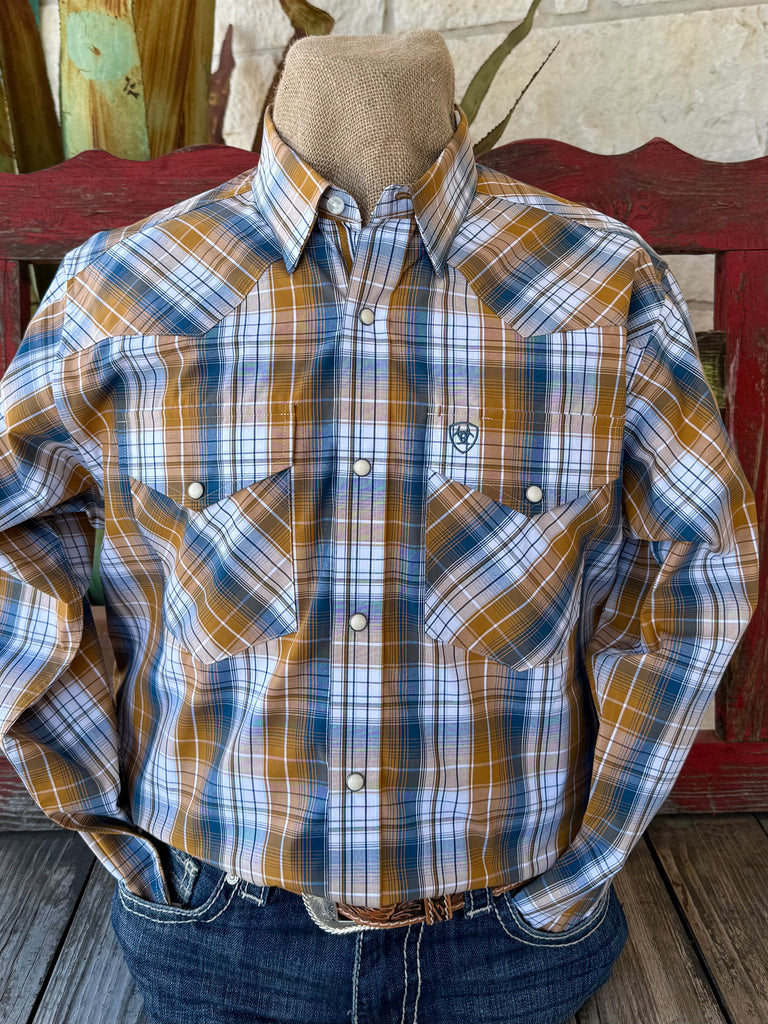Men's Ariat Western Long Sleeve Shirt in white, brown, and navy plaid, built from lightweight cotton fabric that promotes airflow and keeps you comfortable through long days, with dual chest pockets with snap flaps provide secure storage for small essentials - 10071034. Available at Blair's Western Wear, Marble Falls, TX.