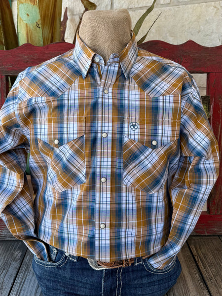 Men's Ariat Western Long Sleeve Shirt in white, brown, and navy plaid, built from lightweight cotton fabric that promotes airflow and keeps you comfortable through long days, with dual chest pockets with snap flaps provide secure storage for small essentials - 10071034. Available at Blair's Western Wear, Marble Falls, TX.