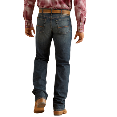Men's medium wash boot-cut stretch denim jean with classic western styling and boot-cut leg opening — Blair's Western Wear Marble Falls TX