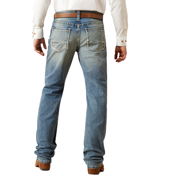 Men's light blue relaxed bootcut stretch denim jean with hand sanding, whiskering detail, and bootcut leg opening — Blair's Western Wear Marble Falls TX