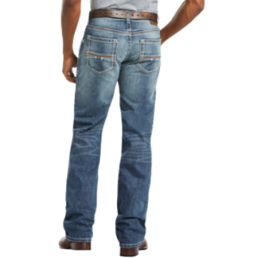 Men's relaxed fit bootcut jean in distressed 100% cotton denim with embroidered rear pockets and five-pocket styling — Blair's Western Wear Marble Falls TX