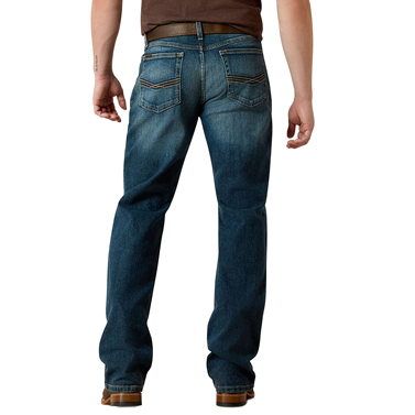 Men's relaxed fit bootcut jean in faded blue cotton denim with low rise and light back pocket stitching — Blair's Western Wear Marble Falls TX