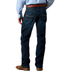 Men's dark wash slim straight leg stretch denim jean with low rise, hand sanding, and stackable straight leg — Blair's Western Wear Marble Falls TX