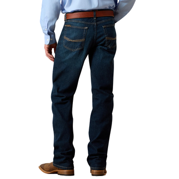 Men's dark wash slim straight leg stretch denim jean with low rise, hand sanding, and stackable straight leg — Blair's Western Wear Marble Falls TX