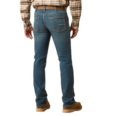 Men's medium-dark wash straight leg stretch denim jean with slim seat and thigh, knife pocket, and Loop Lock belt loops — Blair's Western Wear Marble Falls TX