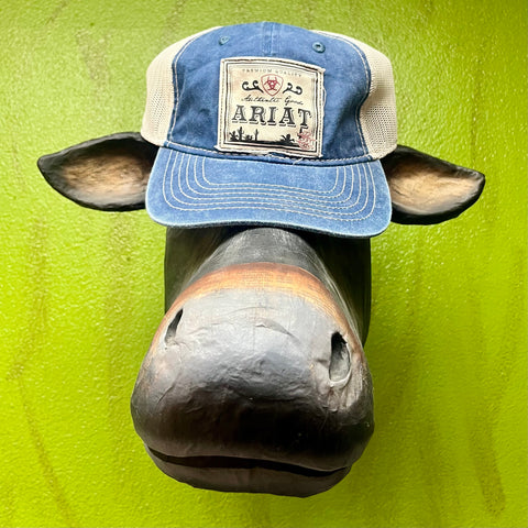 Men's Ariat Mesh-Back Trucker Cap in Blue, Structured front with vintage Ariat patch, with breathable mesh back for airflow - A300062720. Available at Blair's Western Wear, Marble Falls, TX.