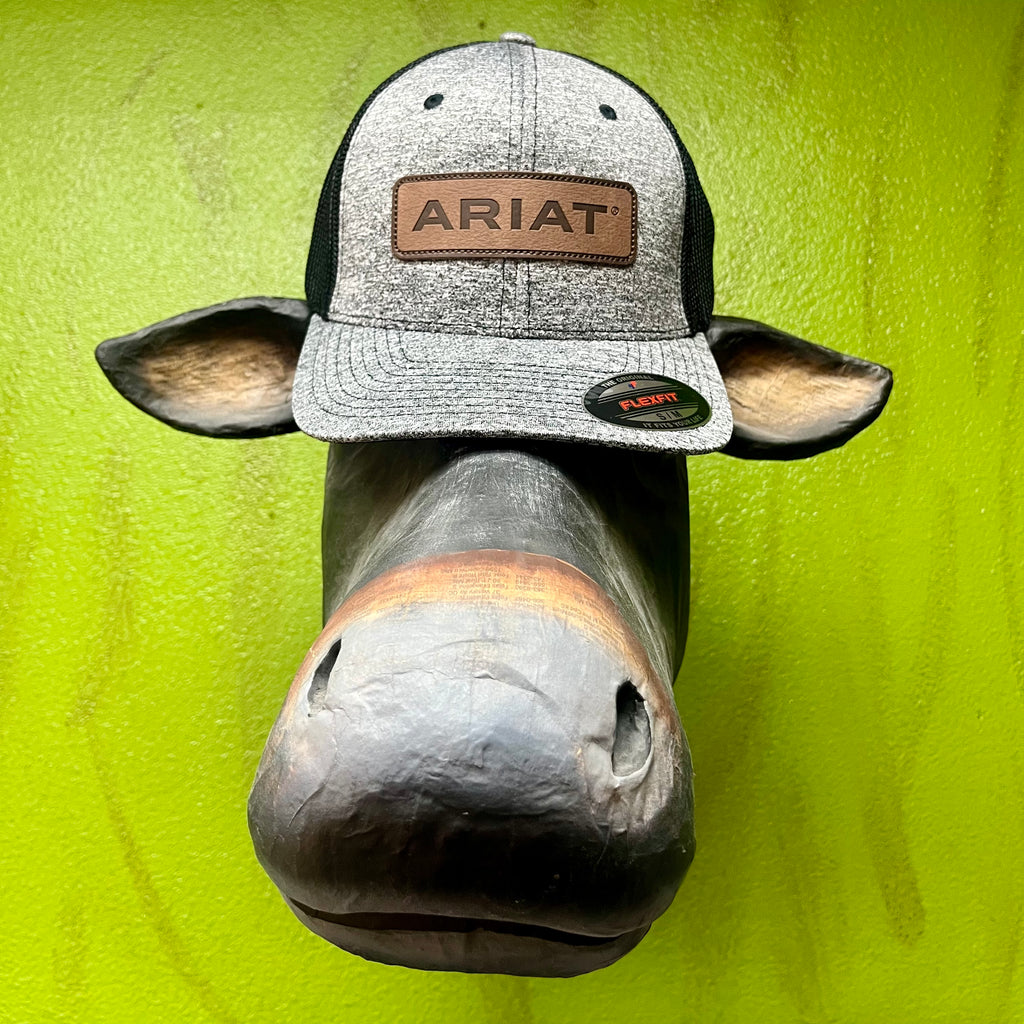 Men's Ariat Mesh-Back Cap in Heather Grey, structured crown with leather logo patch, with breathable black mesh back for airflow - A300002601. Available at Blair's Western Wear, Marble Falls, TX.