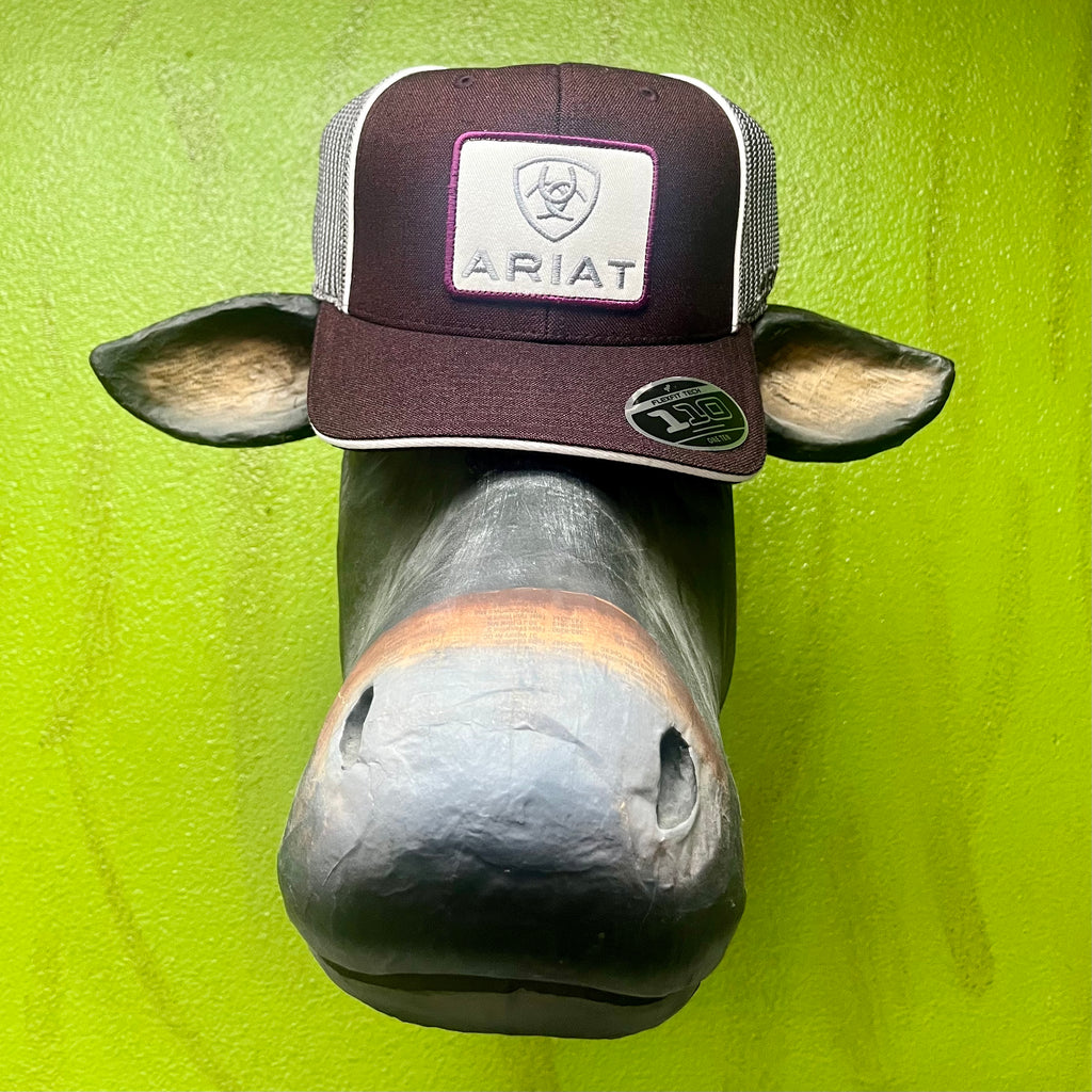 Men's Ariat Mesh-Back Logo Cap in Brown/Grey, structured front panel for shape retention, with breathable mesh back for cooling airflow - A300004809. Available at Blair's Western Wear, Marble Falls, TX.