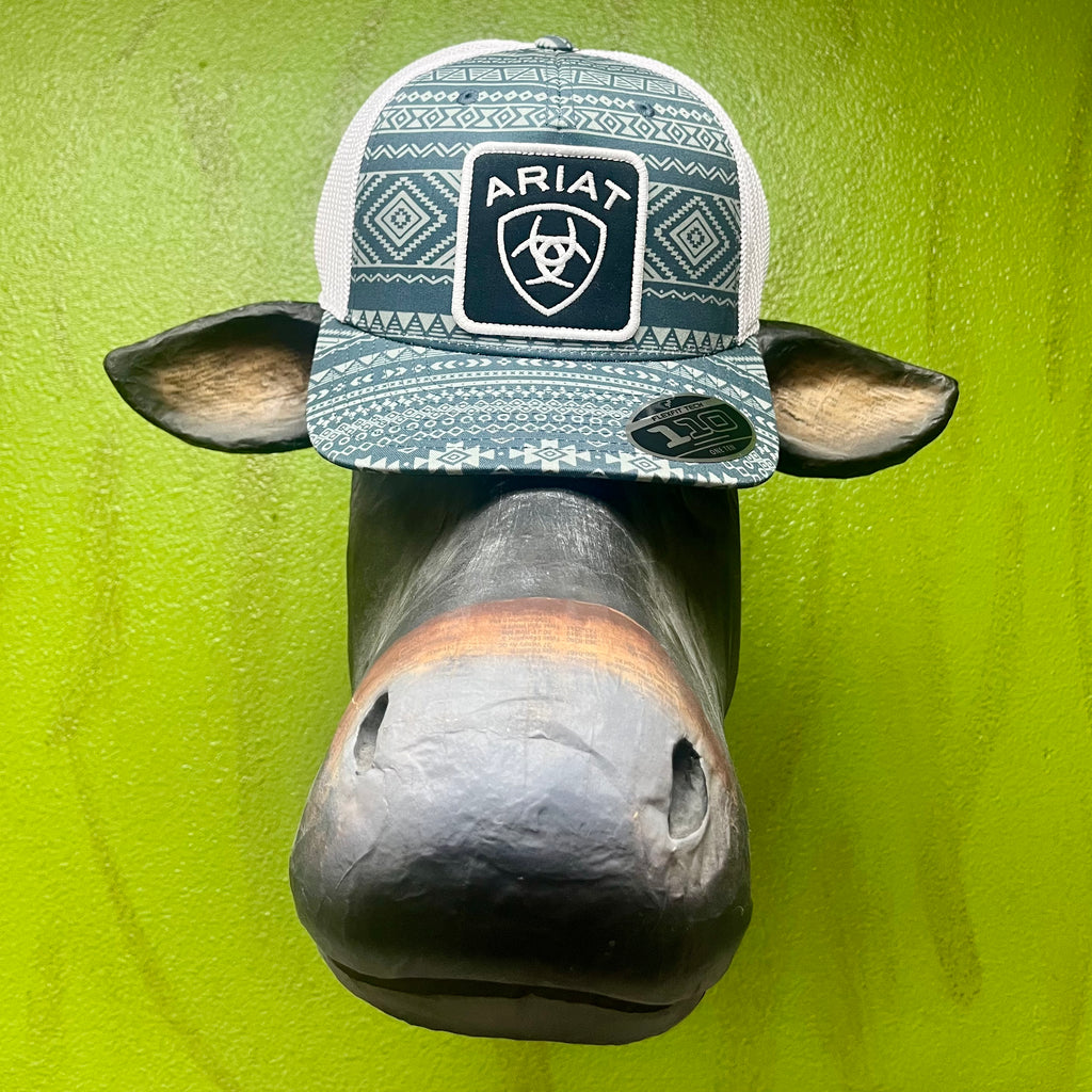 Men’s Ariat Mesh Back Aztec Print Cap in Green/White, Southwestern-inspired print front panel, with breathable white mesh back and adjustable snapback closure - A300064797. Available at Blair's Western Wear, Marble Falls, TX.