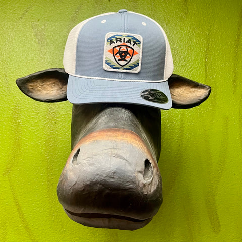 Men’s Ariat Trucker Cap in Blue/White, with breathable mesh back for airflow, and adjustable snapback fit for everyday comfort - A300083427. Available at Blair's Western Wear, Marble Falls, TX.