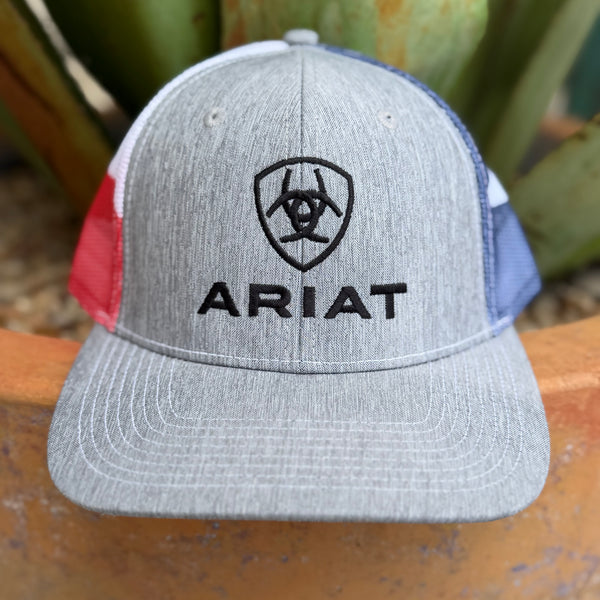 A heather gray trucker-style cap with black embroidered Ariat logo and text on the front