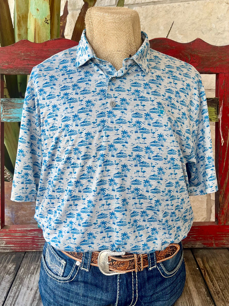 Men's Ariat Polo Shirt in gray/teal, breathable lightweight fabric with tropical flamingo print and moisture-wicking sun protection - 10058846. Available at Blair's Western Wear, Marble Falls, TX.