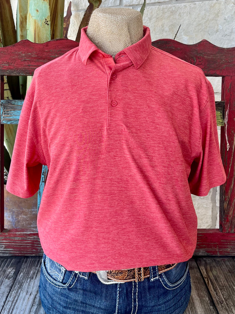 Men’s Ariat Polo Shirt in Heather Red, made with moisture-wicking stretch jersey fabric, with built-in UPF 50+ sun protection - 10058791. Available at Blair's Western Wear, Marble Falls, TX.