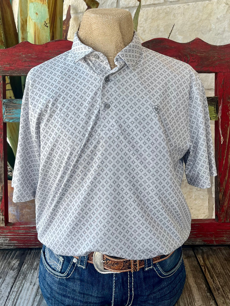 Men’s Ariat Polo Shirt in Light Gray Aztec print, made with moisture-wicking AriatTEK® fabric, with FreSHIELD™ odor resistance and 360 Airflow™ ventilation - 10058838. Available at Blair's Western Wear, Marble Falls, TX.