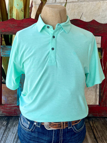 Men’s Ariat Polo Shirt in Mint Heather, lightweight poly-blend fabric that wicks moisture, with built-in sun protection for outdoor comfort - 10058779. Available at Blair's Western Wear, Marble Falls, TX.
