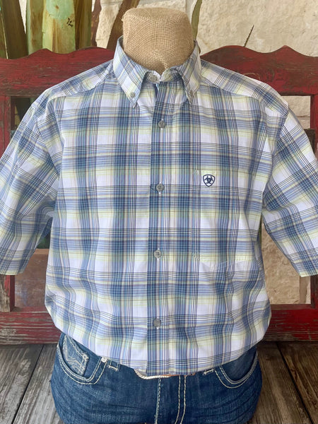 Men’s Ariat Pro Crue short sleeve plaid shirt in dark blue, with Greater Arm Mobility for unrestricted movement and moisture-wicking fabric to keep you cool – 10058811. Available at Blair’s Western Wear, Marble Falls, TX.