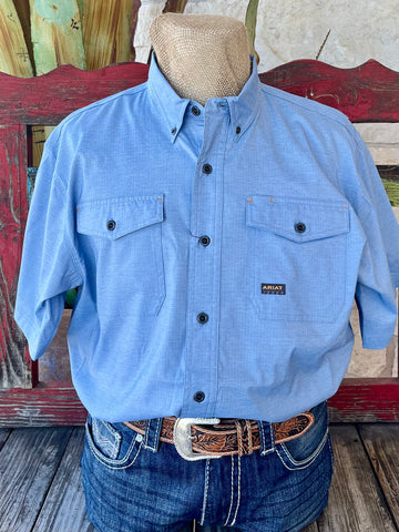 Men's Ariat Rebar Work Shirt in strong blue, featuring VentTEK™ technology for cooling, DuraStretch for flexibility - Code 10055197. Available at Blair's Western Wear, Marble Falls, TX.