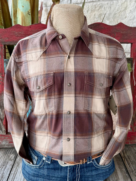 Men’s Ariat Retro Hudson Plaid Snap Long Sleeve Shirt in Brown, crafted from soft breathable cotton, with dual chest snap pockets for secure storage - 10062221. Available at Blair's Western Wear, Marble Falls, TX.