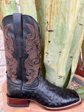 Men’s Ariat roper boot in black full quill ostrich leather, crafted for soft, flexible comfort, with a square toe roper fit and TekStep cushioned outsole - 10063776. Available at Blair's Western Wear, Marble Falls, TX.