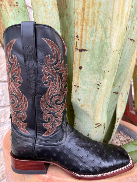 Men’s Ariat roper boot in black full quill ostrich leather, crafted for soft, flexible comfort, with a square toe roper fit and TekStep cushioned outsole - 10063776. Available at Blair's Western Wear, Marble Falls, TX.
