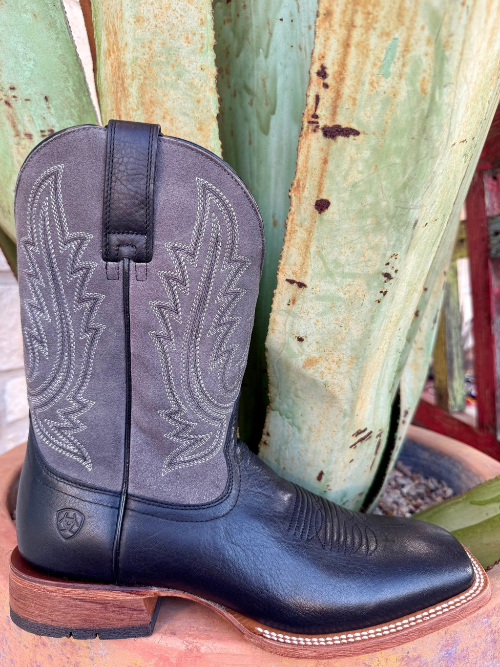 Men’s Ariat Roper square toe boot in Nightshade Black with gunmetal grey suede upper, built from full-grain leather that molds to your foot over time and featuring ATS® technology for stability and reduced fatigue - 10074252. Available at Blair's Western Wear, Marble Falls, TX.