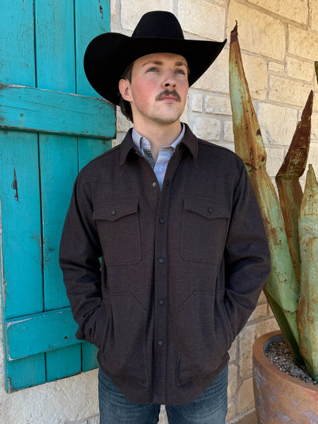 Men’s Ariat shirt jacket in heather black, made from moleskin twill for lightweight warmth, featuring snap-front closure and dual chest pockets – 10062440. Available at Blair’s Western Wear, Marble Falls, TX.