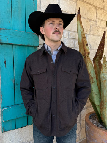 Men’s Ariat shirt jacket in heather black, made from moleskin twill for lightweight warmth, featuring snap-front closure and dual chest pockets – 10062440. Available at Blair’s Western Wear, Marble Falls, TX.