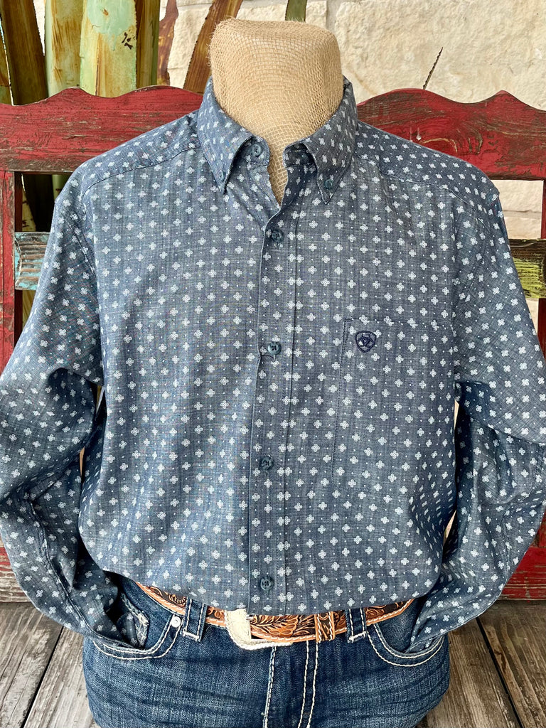 Men's Ariat Shirt Navy Floral Button-Down in navy floral pattern, featuring Greater Arm Mobility™ Technology with classic fit and hidden pen pocket – 10054087. Available at Blair's Western Wear, Marble Falls, TX.