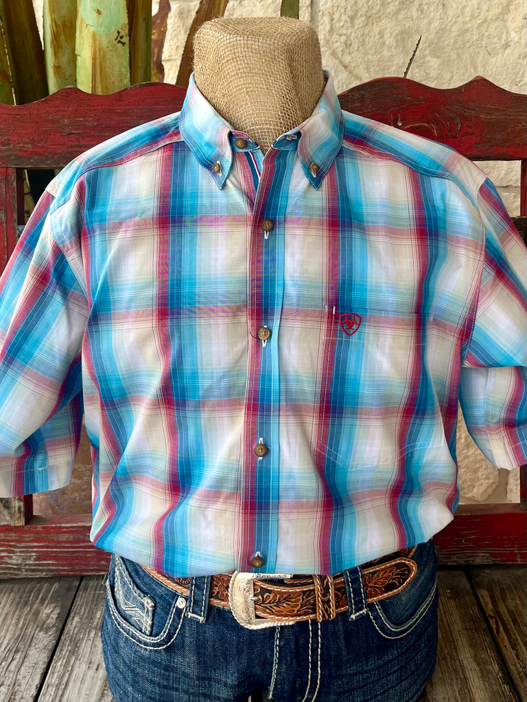 Men’s Ariat Shirt Plaid Short Sleeve Button-Down in red, turquoise, and tan, lightweight breathable fabric for comfort with moisture-wicking tech - 10058946. Available at Blair's Western Wear, Marble Falls, TX.