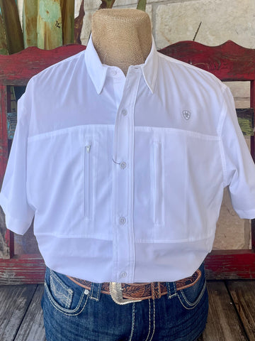 Men’s Ariat Shirt White VentTEK Classic Short Sleeve Shirt, moisture-wicking fabric with mesh paneling for breathability - 10034962. Available at Blair's Western Wear, Marble Falls, TX.