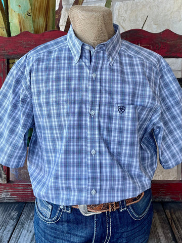 Men's Ariat Shirt Short-Sleeve Button-Down in blue and white plaid, featuring lightweight fabric and a tailored fit - 10054824. Available at Blair's Western Wear, Marble Falls, TX.
