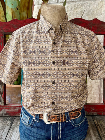 Men's Ariat Shirt Short Sleeve Button-Down in tan and gray, made from a breathable polyester blend, featuring a unique Aztec print - 10054850. Available at Blair's Western Wear, Marble Falls, TX.