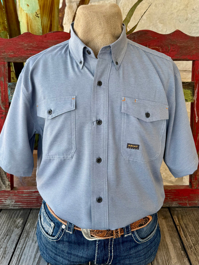 Men's Ariat Short Sleeve Button-Down Western Shirt in Light Blue, moisture-wicking fabric keeps you dry and comfortable, with breathable VentTEK™ panels for enhanced airflow - 10071546. Available at Blair's Western Wear, Marble Falls, TX.