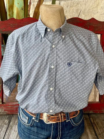 Men's Ariat Short Sleeve Button-Down Printed Shirt in grey and white, featuring VentTEK™ technology for enhanced airflow and moisture-wicking fabric to keep you dry - 10054809. Available at Blair's Western Wear, Marble Falls, TX.