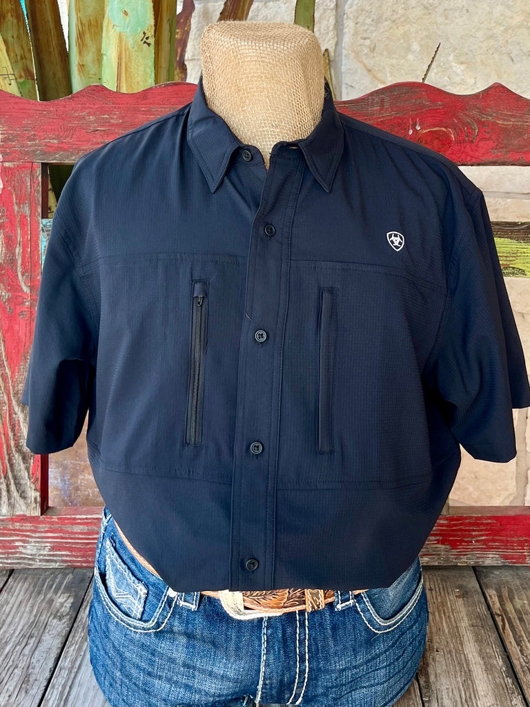 Men's Ariat Short Sleeve Button-Down Shirt in Black, featuring VentTEK™ Technology for enhanced airflow and moisture-wicking fabric for all-day comfort - 10034960. Available at Blair's Western Wear, Marble Falls, TX.