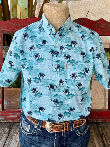 Men's Ariat Short Sleeve Button-Down Shirt in Turquoise Palms, featuring a tailored modern fit and performance stretch fabric - 10058983. Available at Blair's Western Wear, Marble Falls, TX.