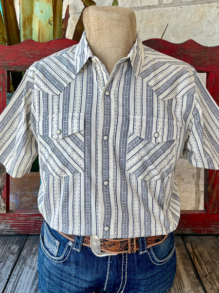 Men's Ariat Short Sleeve Button-Up Shirt in White/Blue Print, featuring VentTEK™ Technology for enhanced airflow and Moisture Movement Technology™ for moisture wicking - 10058713. Available at Blair's Western Wear, Marble Falls, TX.​