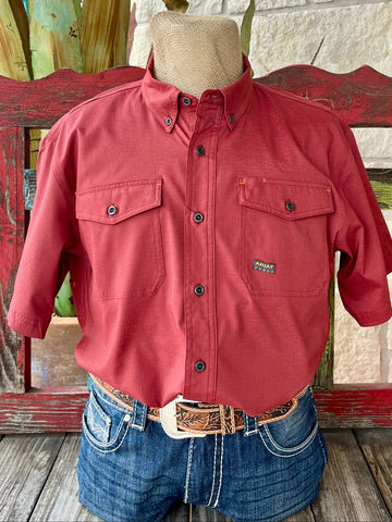 Men's Ariat Short Sleeve Button Down in Firebrick Red, featuring VentTEK mesh panels for enhanced airflow and DuraStretch fabric for flexibility - 10055195. Available at Blair's Western Wear, Marble Falls, TX.