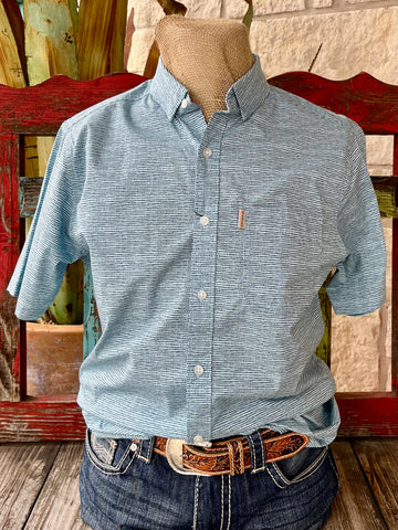 Men's Ariat Short Sleeve Button Down Shirt in light blue and navy, breathable and lightweight fabric, stylish and durable - 10054849. Available at Blair's Western Wear, Marble Falls, TX.