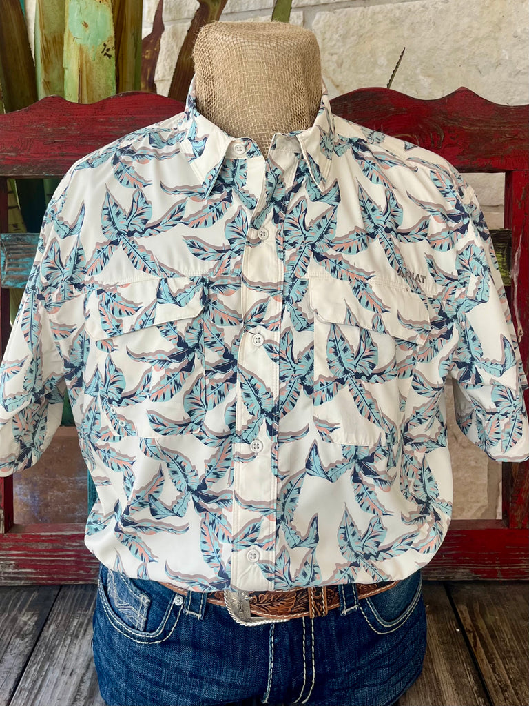 Men's Ariat short sleeve tropical print shirt in natural, mint, and peach tones, with UV-blocking breathable fabric and dual chest pockets - 10058789. Available at Blair's Western Wear, Marble Falls, TX.